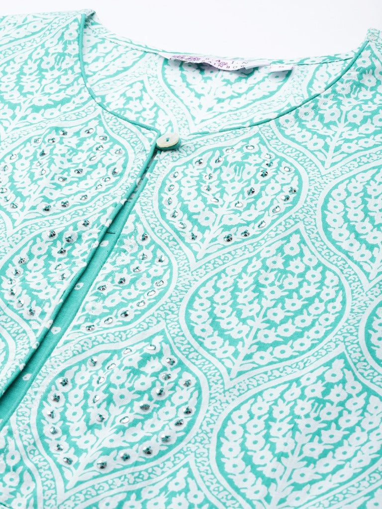 Women Sea Green & White Ethnic Motifs Printed Sequinned Pure Cotton Kurti