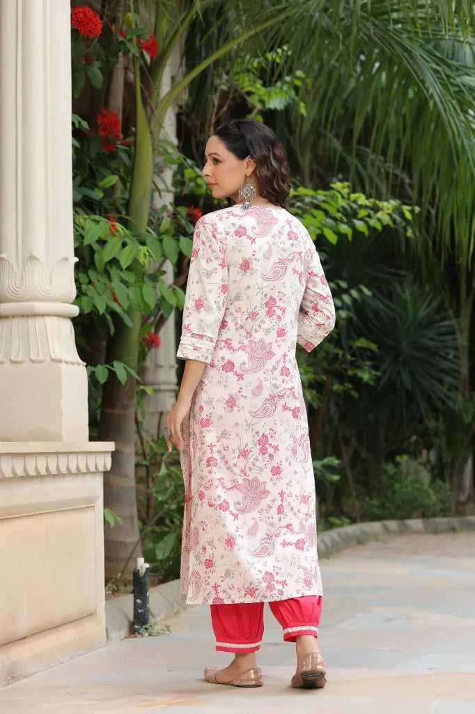 Women Cream and Pink Embroidered Pure Cotton Straight Kurta With Salwar