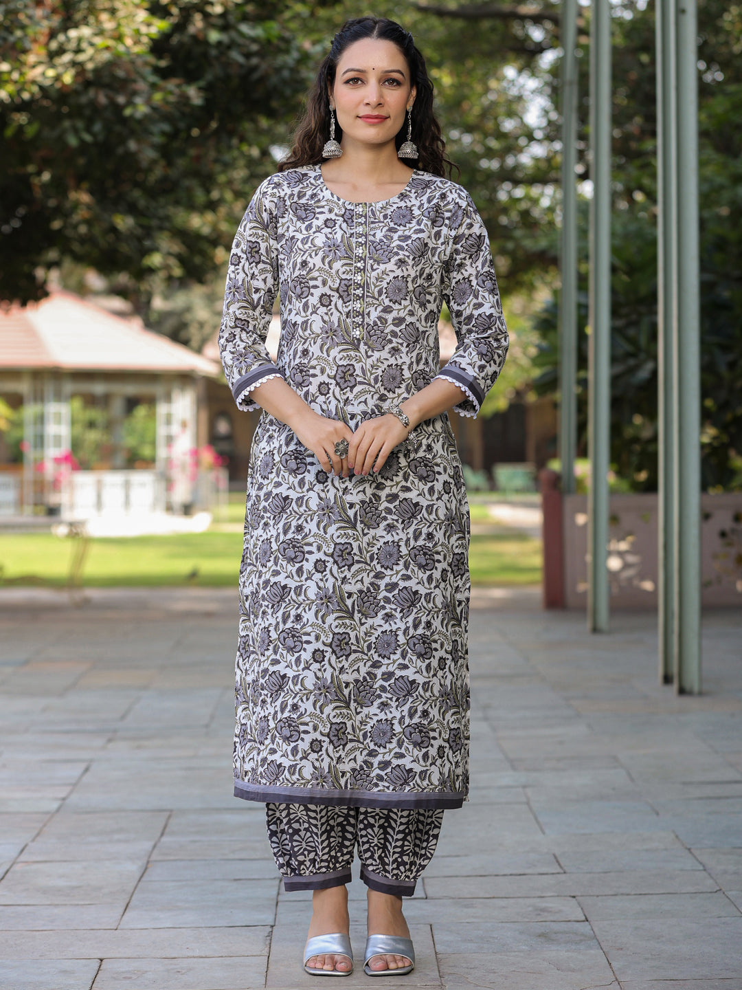 Women Grey Floral Printed Straight Kurta With Afghani Salwar And Printed Dupatta