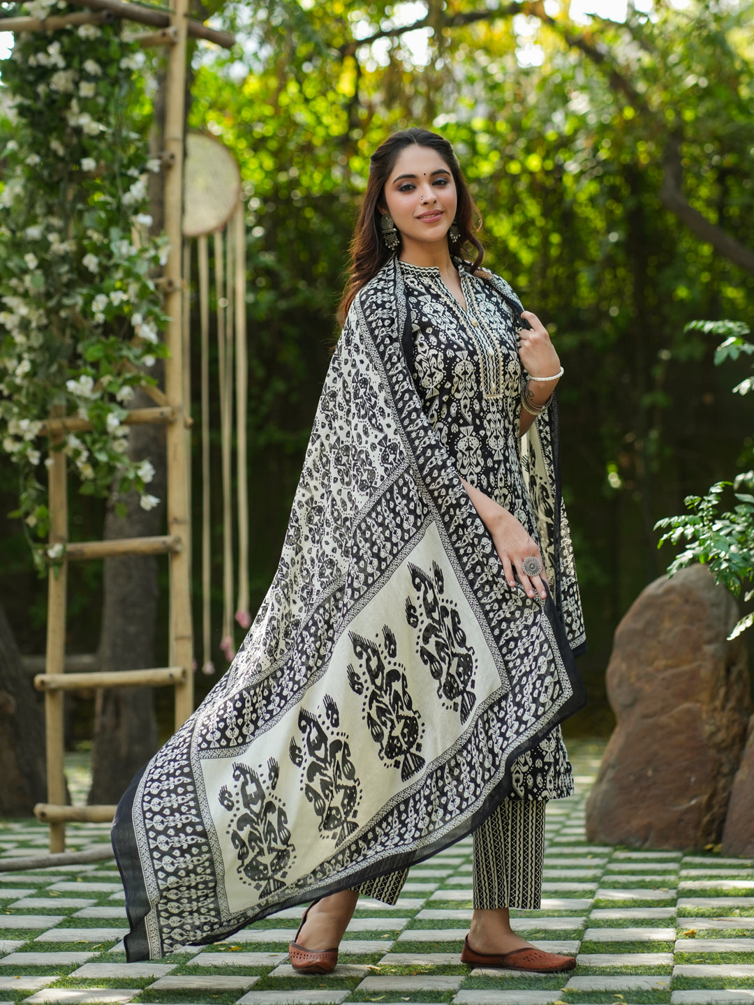 Women Black Ikat Printed Pure Cotton Straight Kurta With Printed Trouser And Printed Dupatta