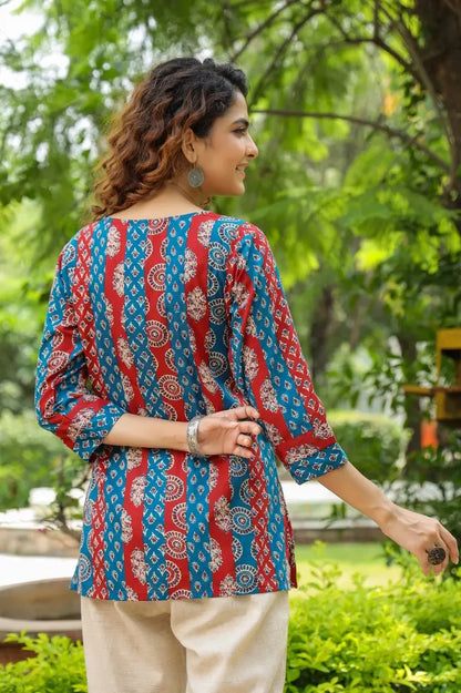 Women Blue Ethnic Motifs Printed Pure Cotton Kurti