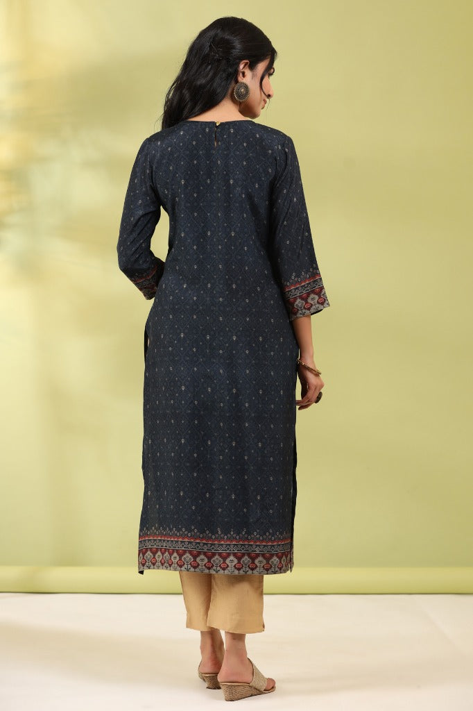 Women Teal Digital Printed Mirror Work Straight Kurta