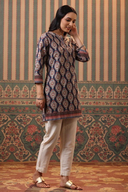 Women Ethnic Print Red Blue Cotton Kurti