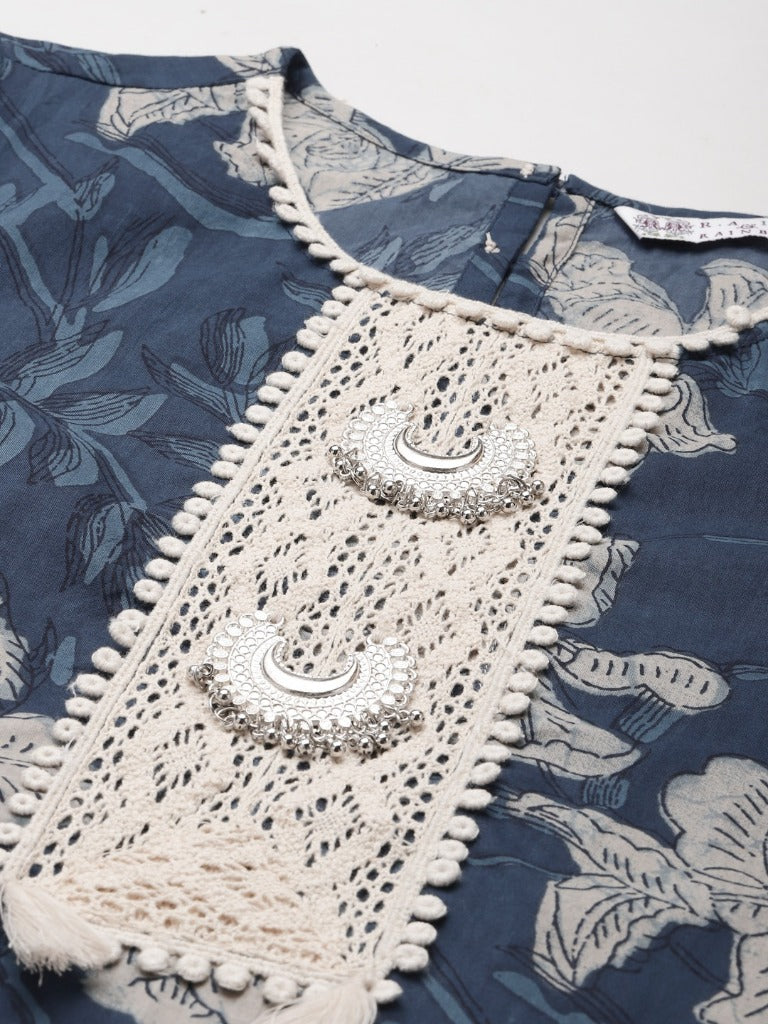 Women Blue Floral Printed Pure Cotton Straight Kurta