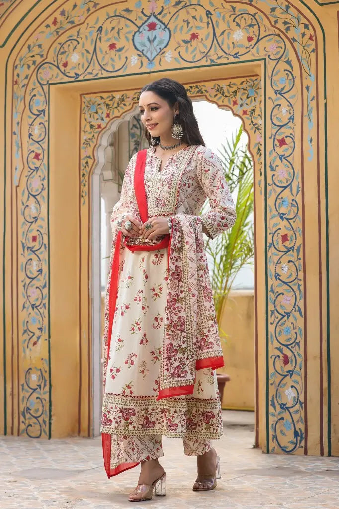 Women Cream Floral Printed Pure Cotton Anarkali Kurta Set