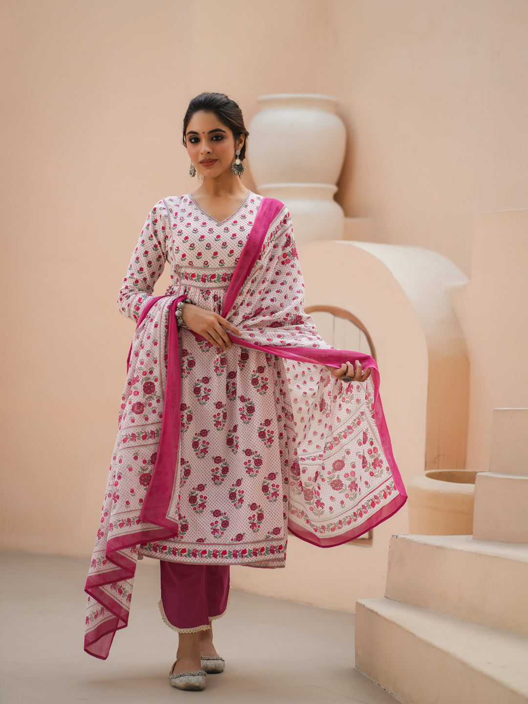 Women Pink Floral Printed Pure Cotton A-line Kurta With Solid Trouser And With Printed Dupatta