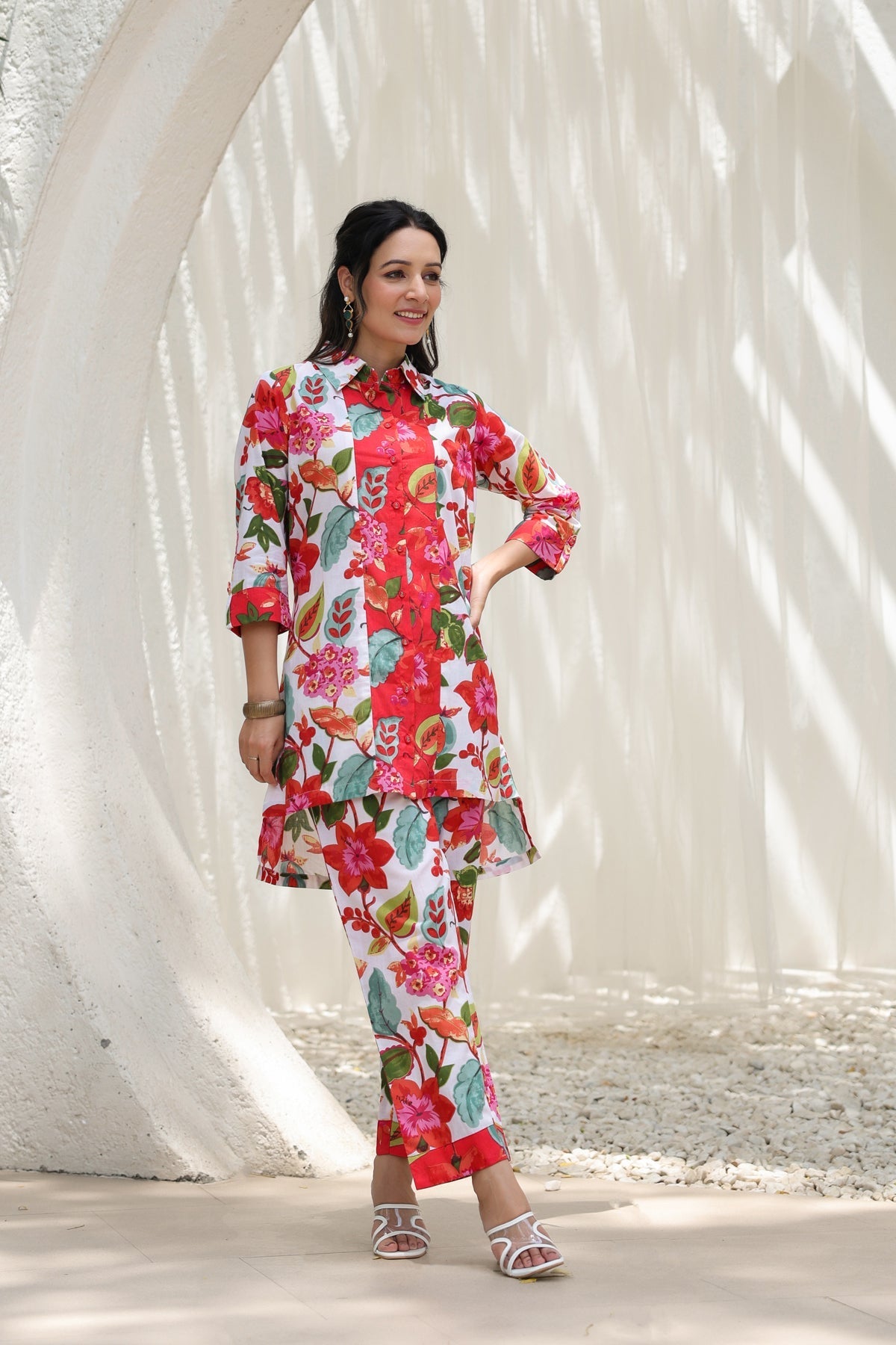 Printed Shirt Collar Pure Cotton High Low Tunic With Trousers