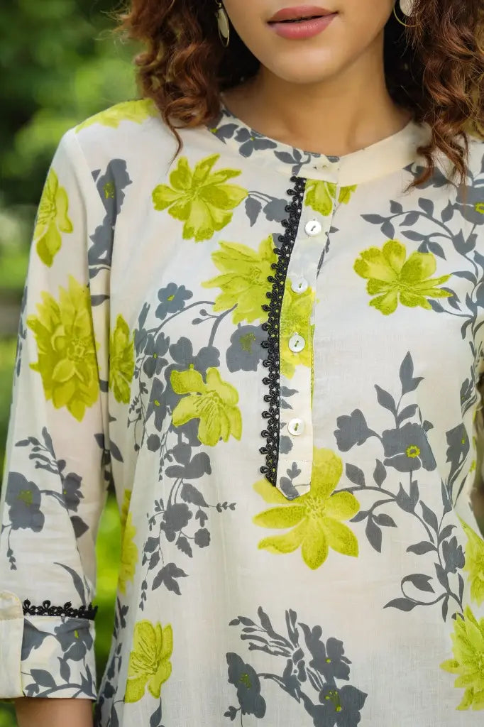 Cream & Green Floral Lace Kurti