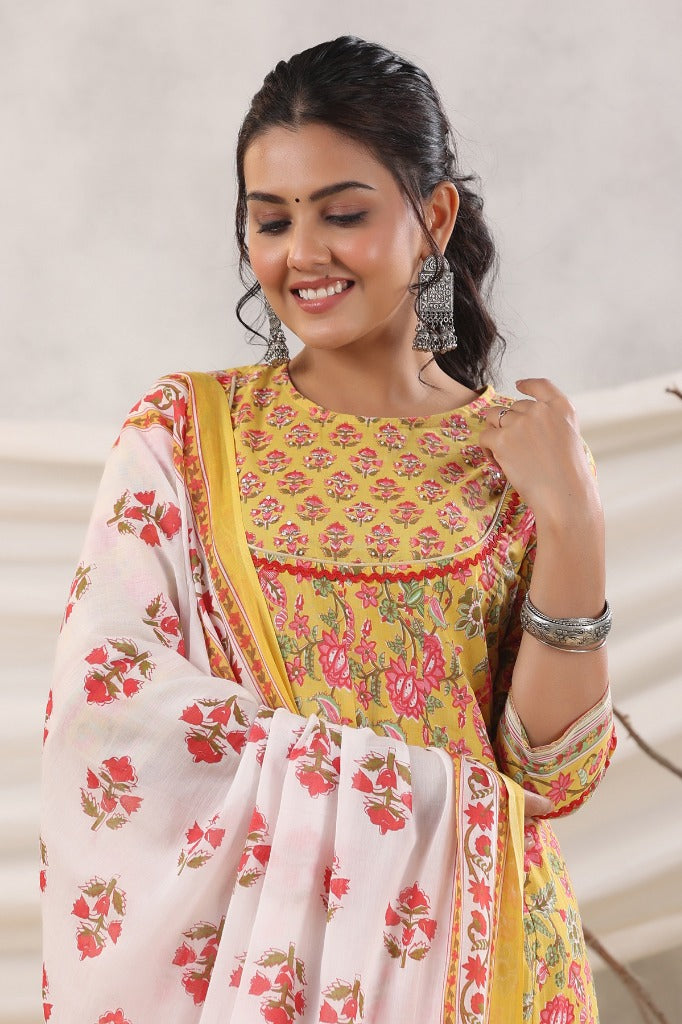 Women Mustard White Sequined Anarkali Pure Cotton Kurta Set