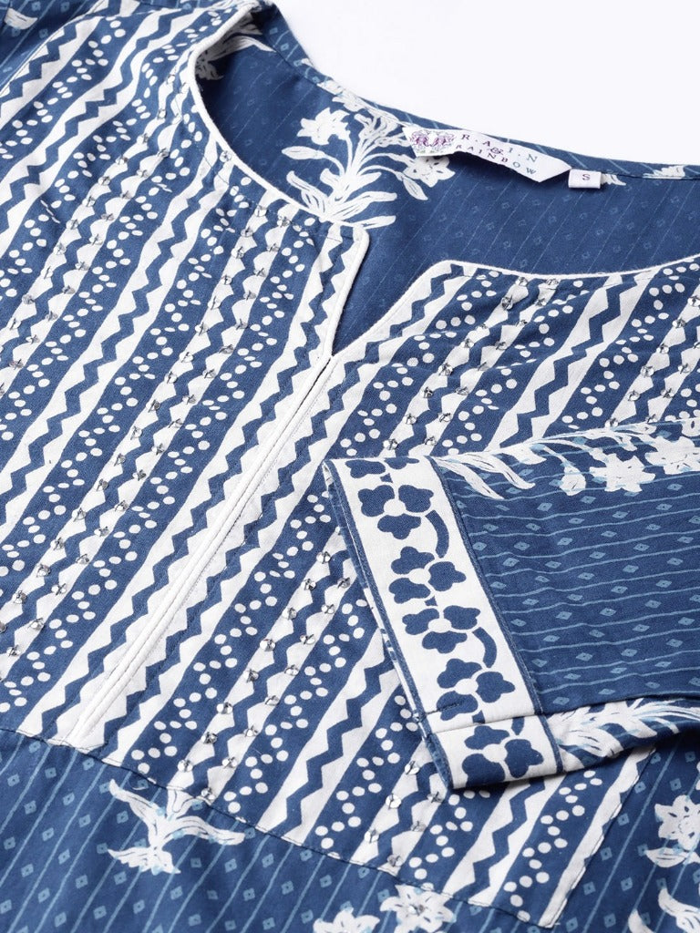 Women Navy Blue & Off White Printed Cotton A line Kurti