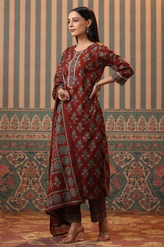 Women Rust Ethnic Printed Pure Cotton Straight Kurta with Palazzos & Dupatta