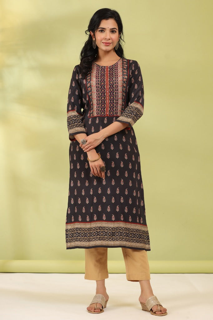 Women Black Digital Printed Mirror Work Straight Kurta
