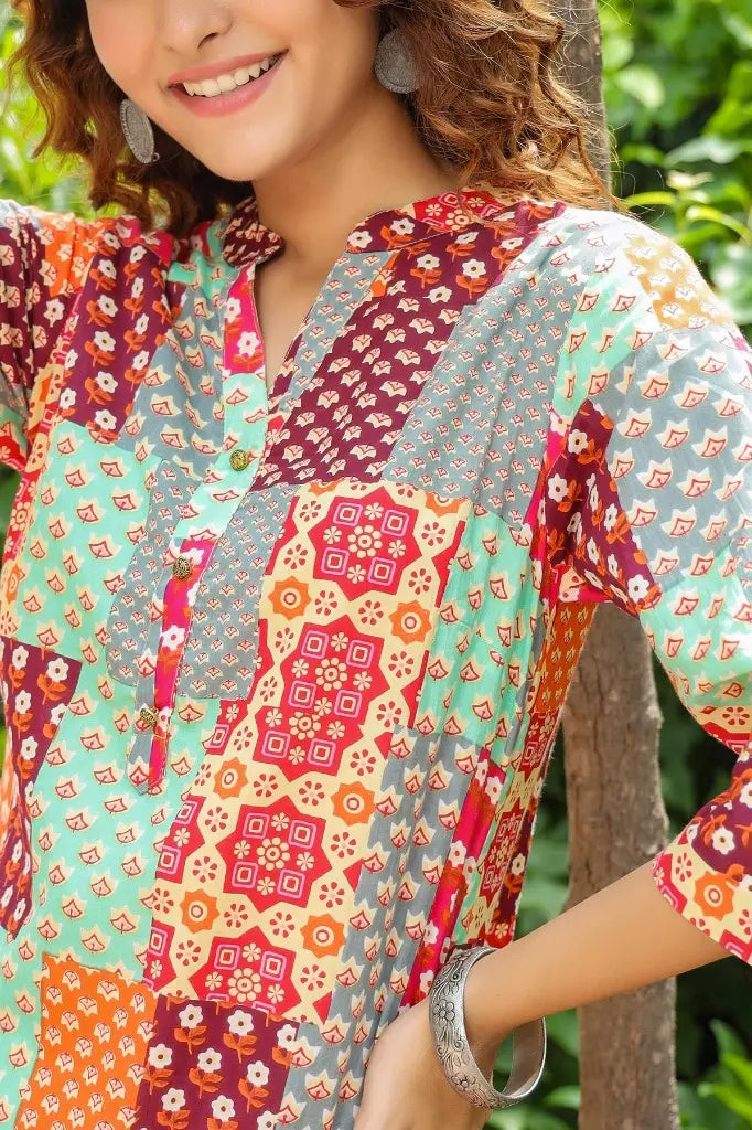 Women Multi-Color Red Patch Printed A-line Kurti