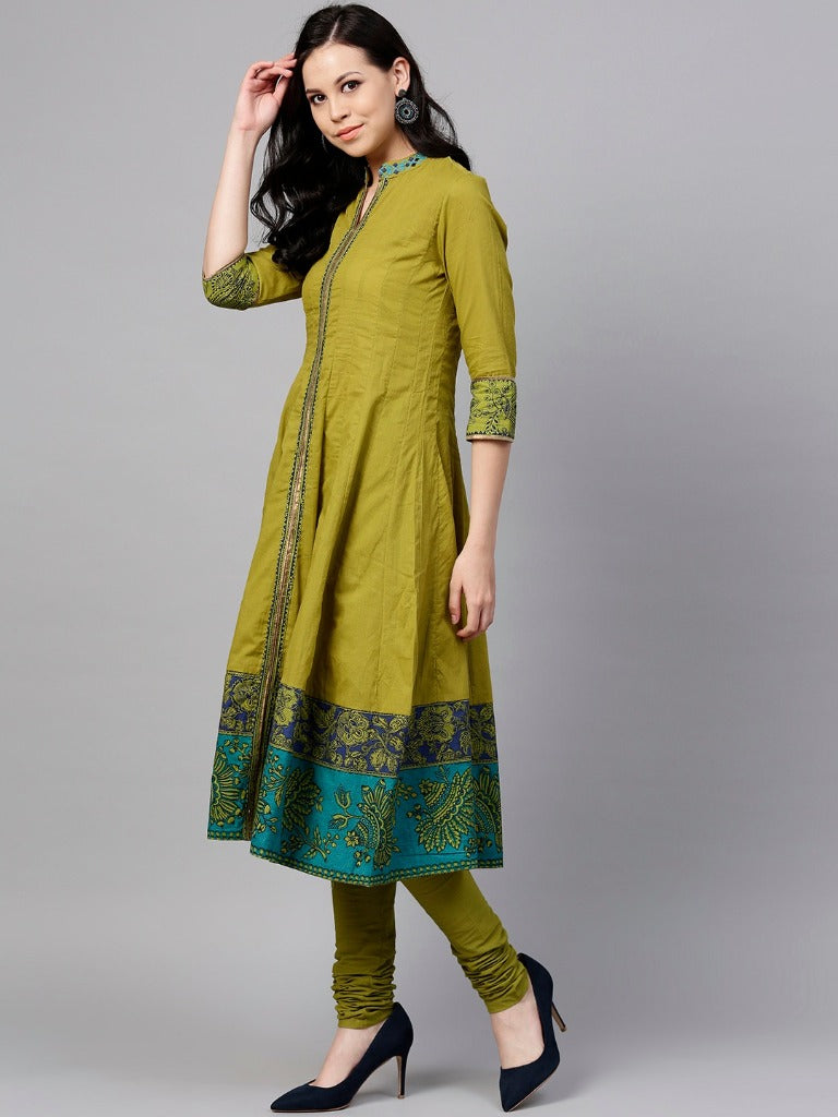 Women Olive Green Coloured Kurta with Churidar & Dupatta