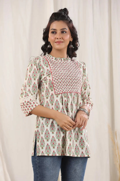 Women Green Ethnic Motifs Printed Pure Cotton Kurti