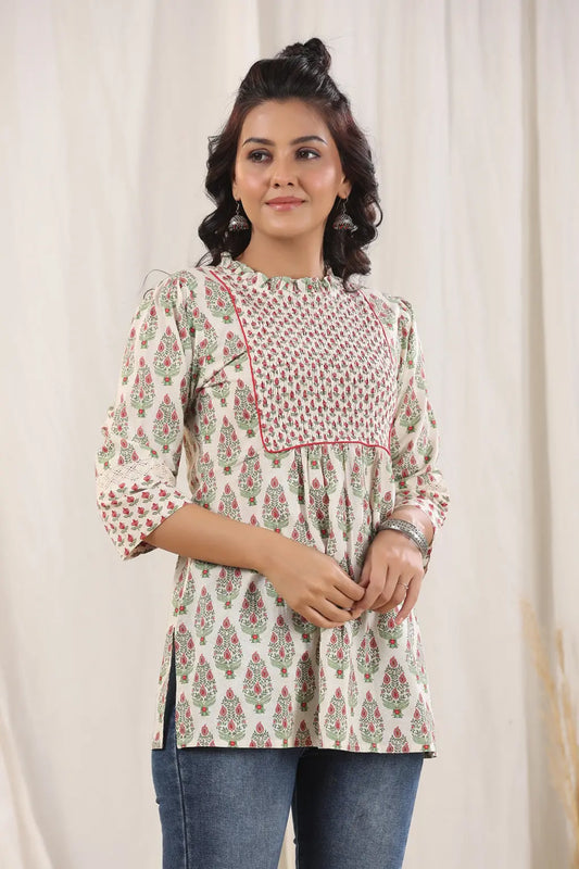Women Green Ethnic Motifs Printed Pure Cotton Kurti