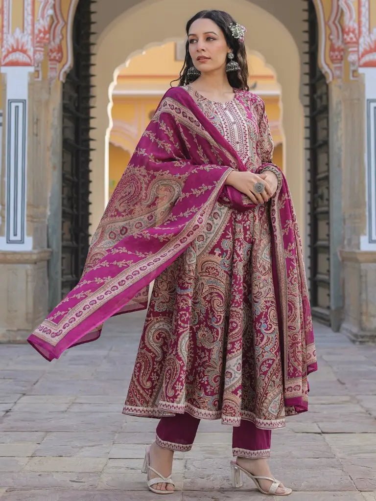 Women Wine Paisley Printed Anarkali Kurta With Trouser And Dupatta