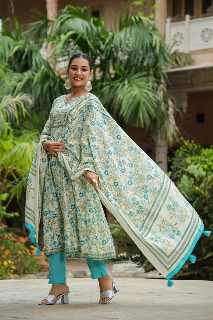Women Teal Floral Printed Sequinned Pure Cotton Anarkali Kurta Set