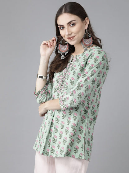 Women Green & Pink Floral Printed Sequinned Pure Cotton Kurti
