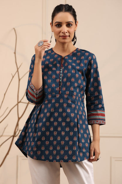 Women Navy Blue Ethnic Motifs Printed A-Line Kurti