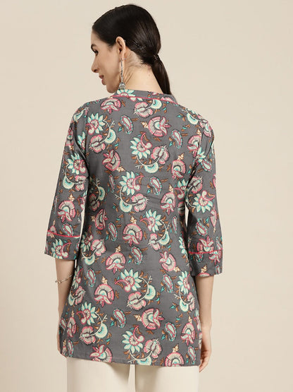 Women Grey Floral Printed Pure Cotton A line Kurti