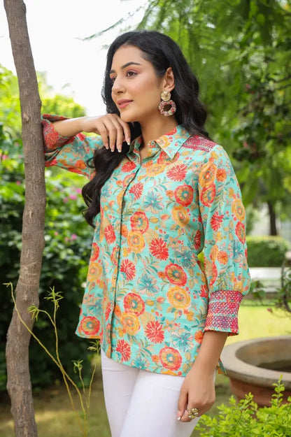 Women Green Digital Printed Pure Cotton A-line Kurti