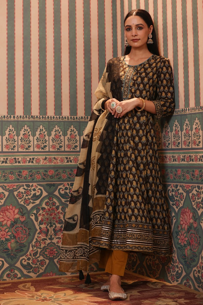 Women Mustard Paisley Printed Pure Cotton Anarkali Kurta with Trousers & Dupatta