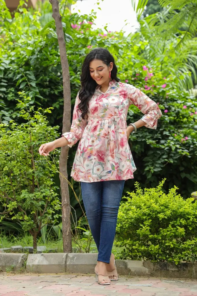 Women Peach Color Floral Printed A-line Kurti