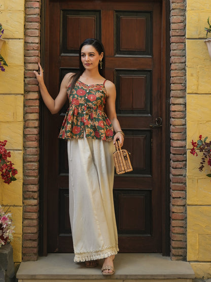 Floral Printed Sleeveless Peplum Pure Cotton Top