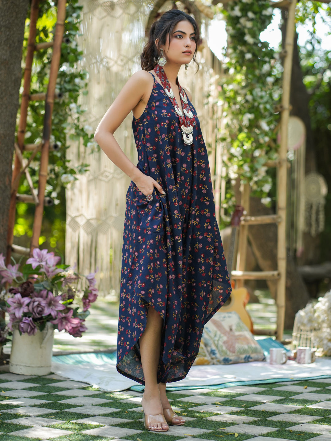 Floral Printed Shoulder Straps Pure Cotton Basic Jumpsuit