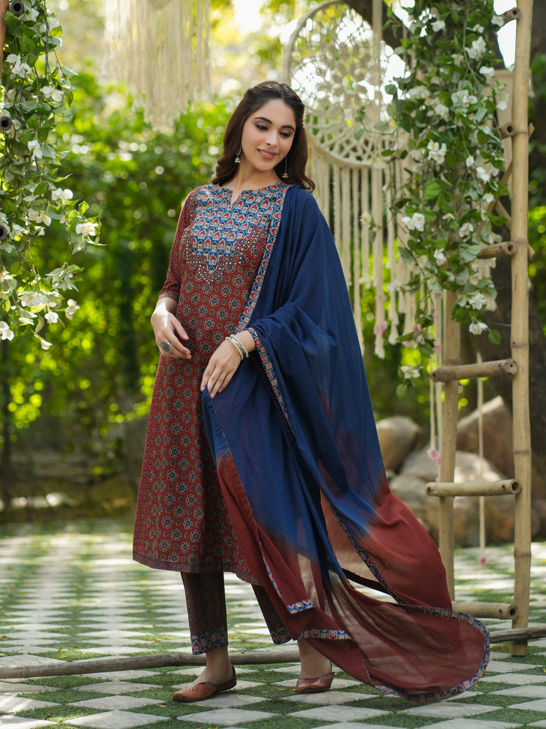 Ethnic Motifs Printed Sequined Pure Cotton Kurta with Trousers & Dupatta