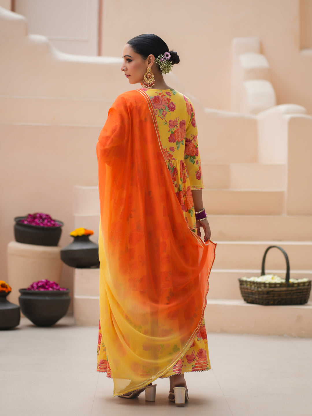 Floral Printed Sequinned Pure Cotton Anarkali Kurta with Trousers & Dupatta