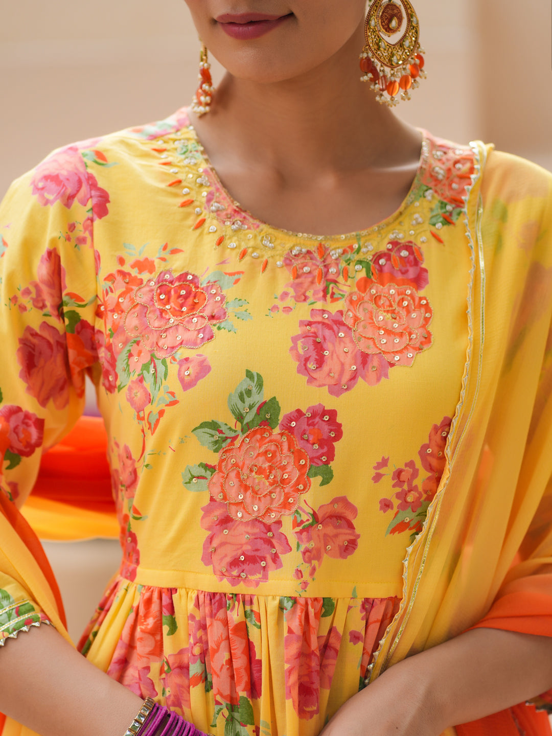 Floral Printed Sequinned Pure Cotton Anarkali Kurta with Trousers & Dupatta