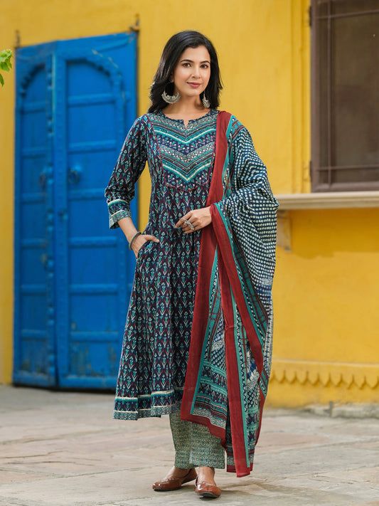 Women Ethnic Motifs Printed Pure Cotton Kurta with Trousers & Dupatta