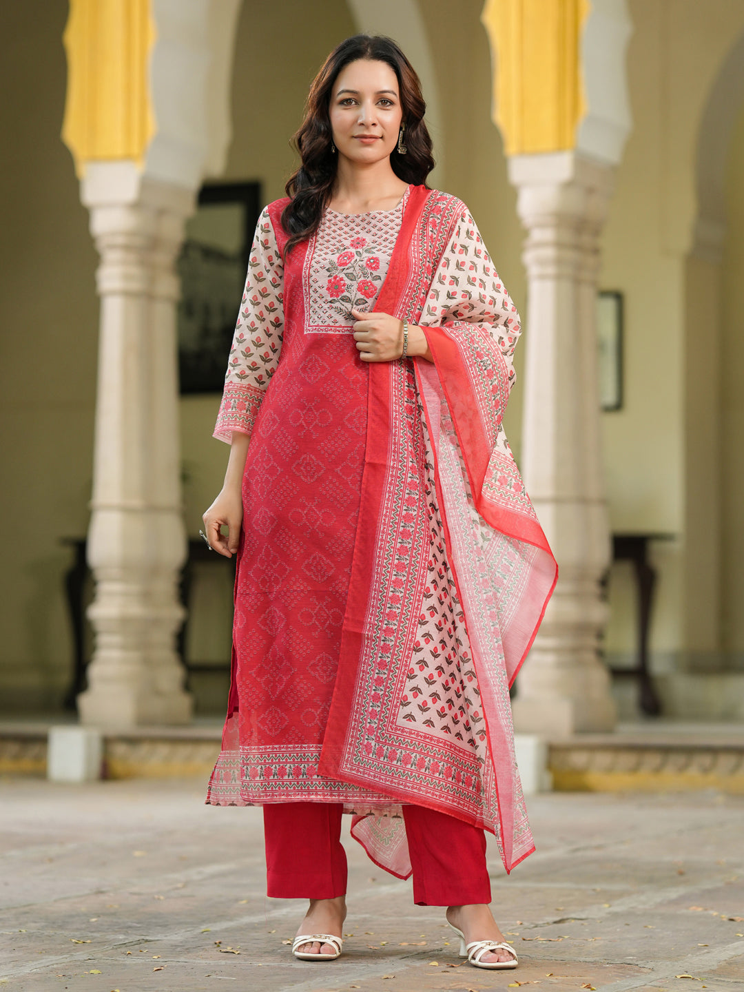 Bandhani Printed Sequinned Chanderi Cotton Kurta With Trousers & Dupatta