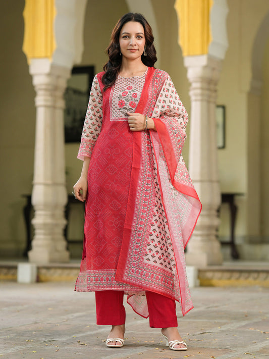 Bandhani Printed Sequinned Chanderi Cotton Kurta With Trousers & Dupatta
