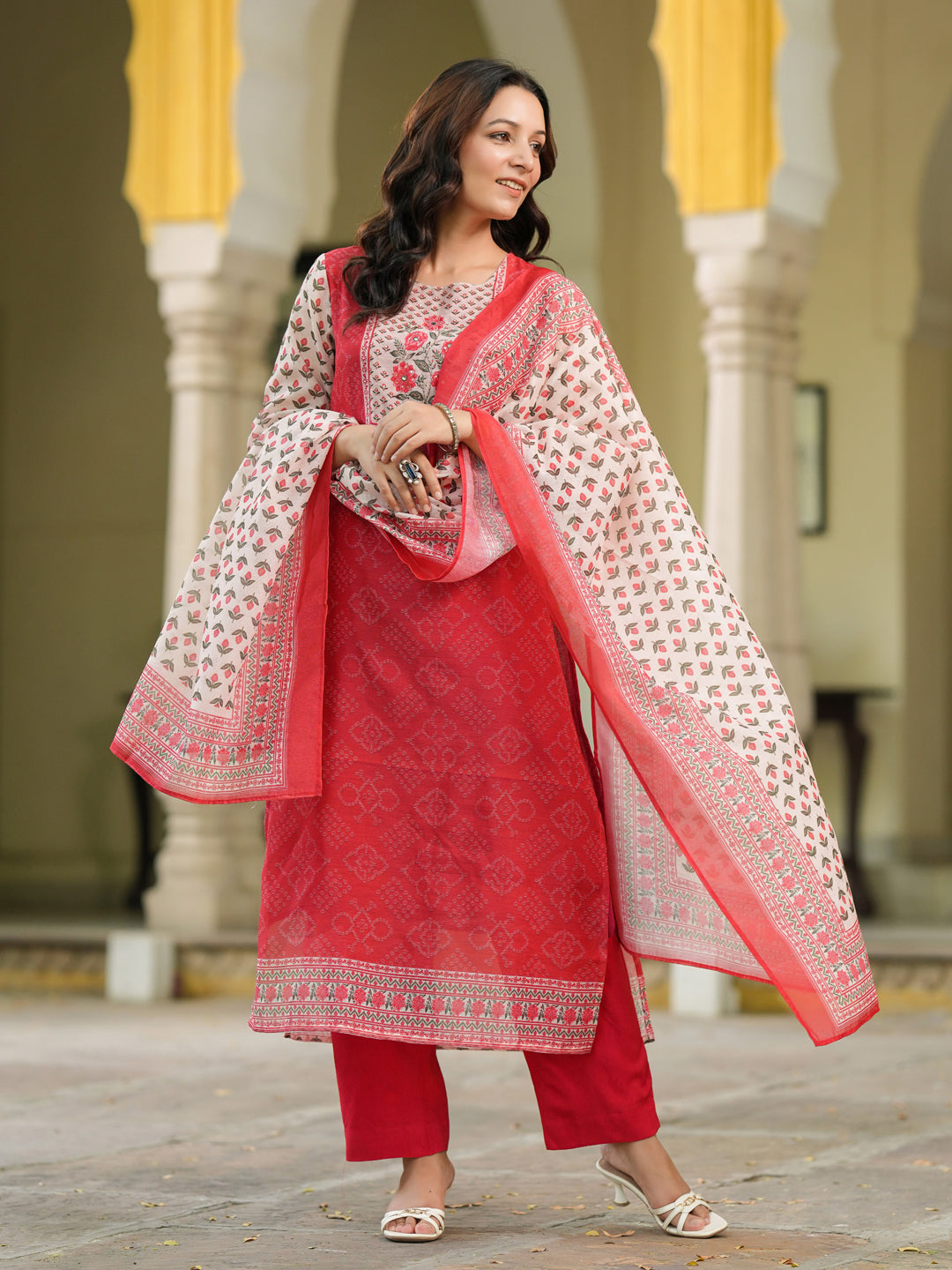 Bandhani Printed Sequinned Chanderi Cotton Kurta With Trousers & Dupatta