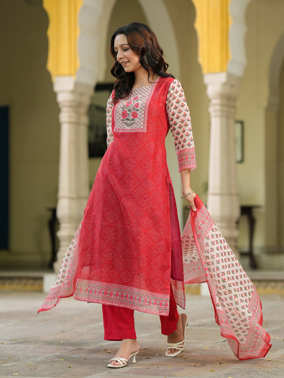 Bandhani Printed Sequinned Chanderi Cotton Kurta With Trousers & Dupatta