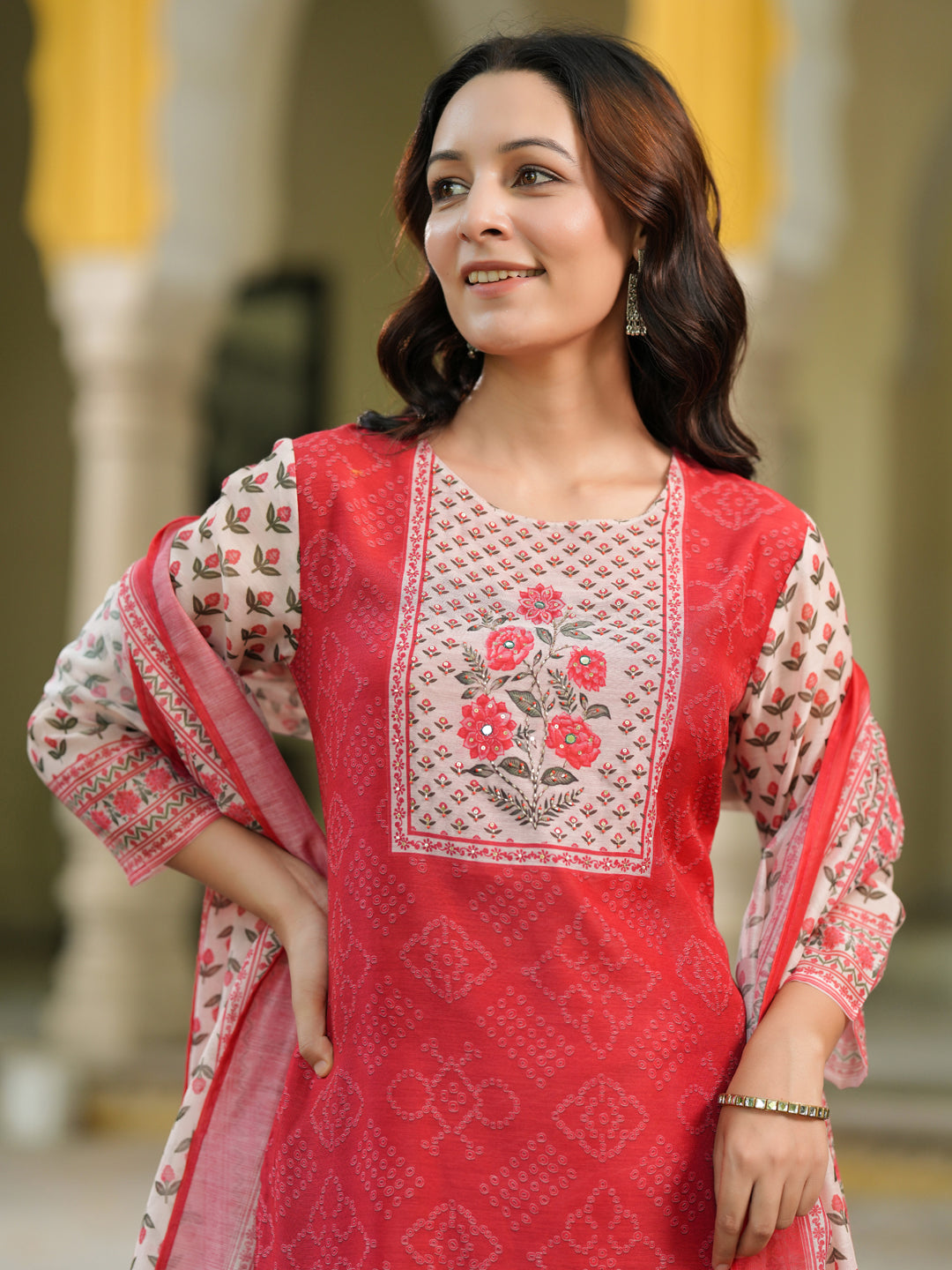 Bandhani Printed Sequinned Chanderi Cotton Kurta With Trousers & Dupatta