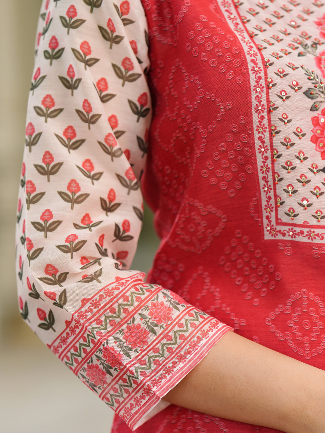 Bandhani Printed Sequinned Chanderi Cotton Kurta With Trousers & Dupatta