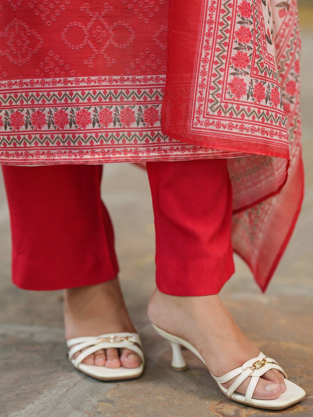 Bandhani Printed Sequinned Chanderi Cotton Kurta With Trousers & Dupatta