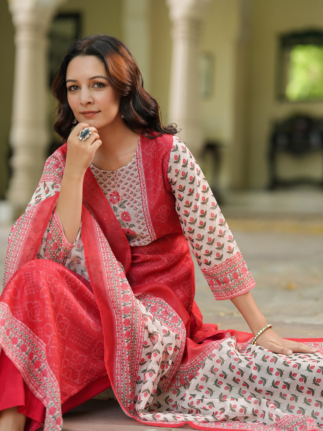 Bandhani Printed Sequinned Chanderi Cotton Kurta With Trousers & Dupatta