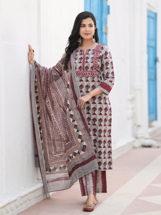 Geometric Printed Notch Neck Pure Cotton Kurta With Trousers & Dupatta