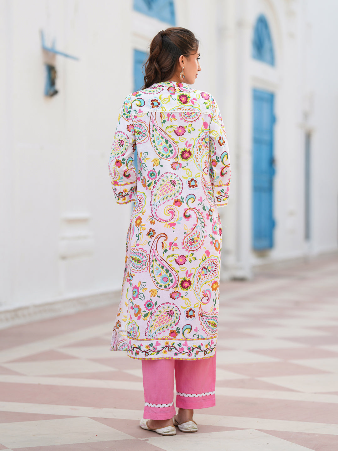 Paisley Printed Mandarin Collar Straight Cotton Kurta
