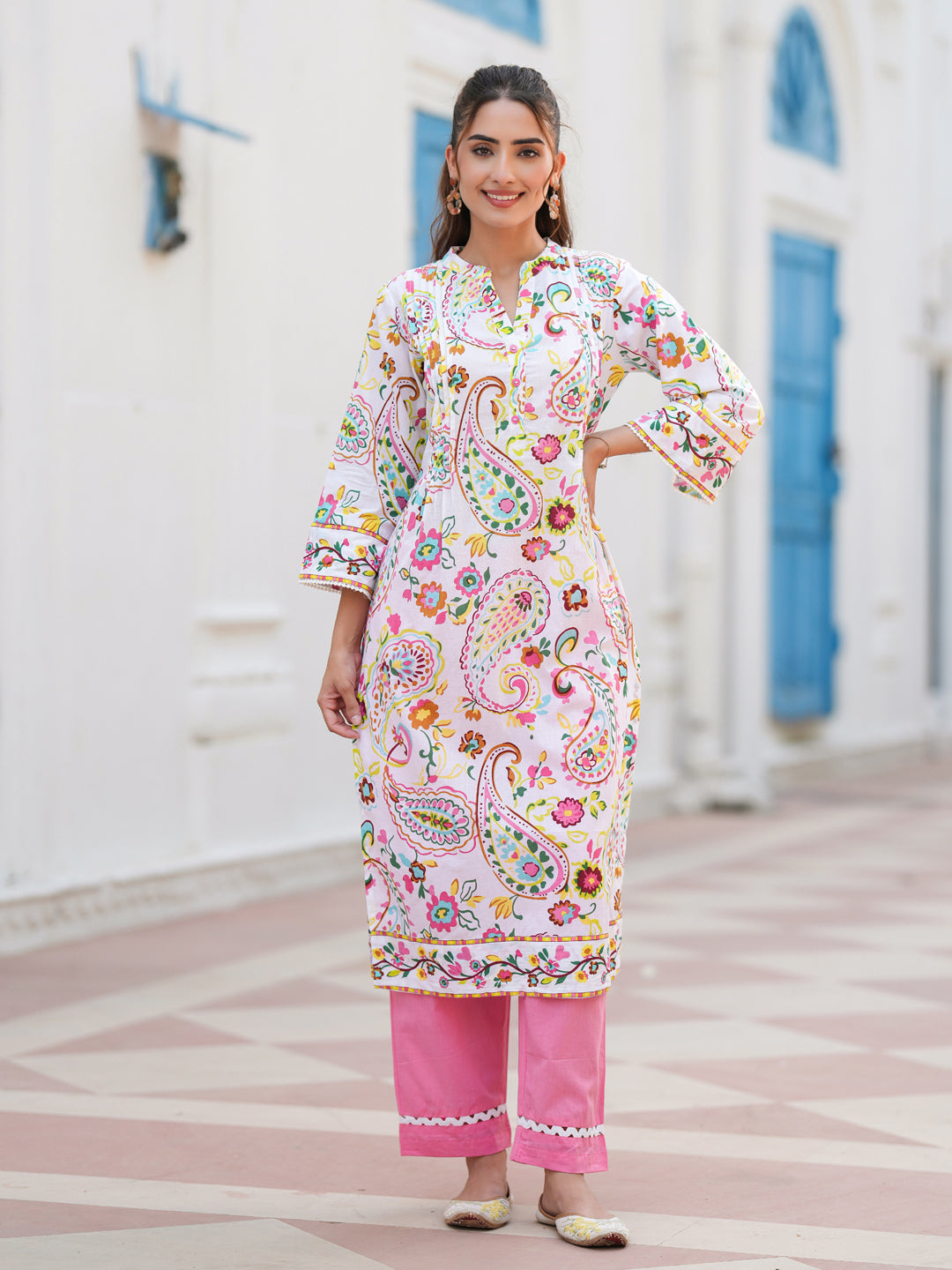 Paisley Printed Mandarin Collar Straight Cotton Kurta