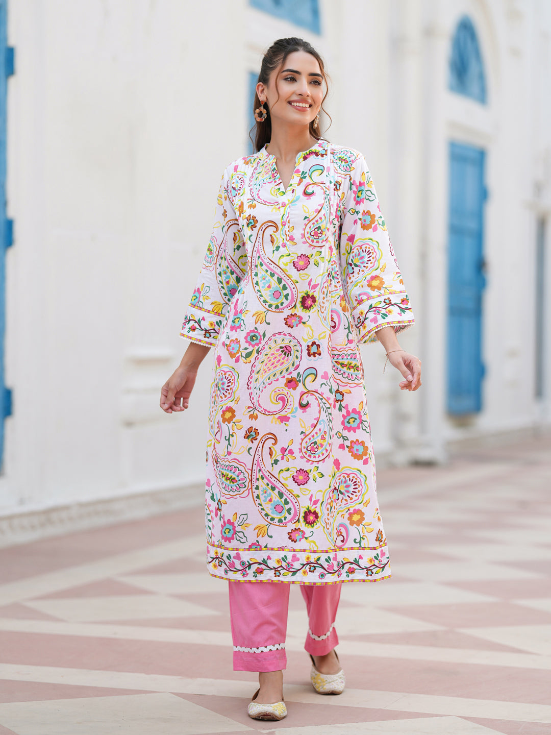 Paisley Printed Mandarin Collar Straight Cotton Kurta