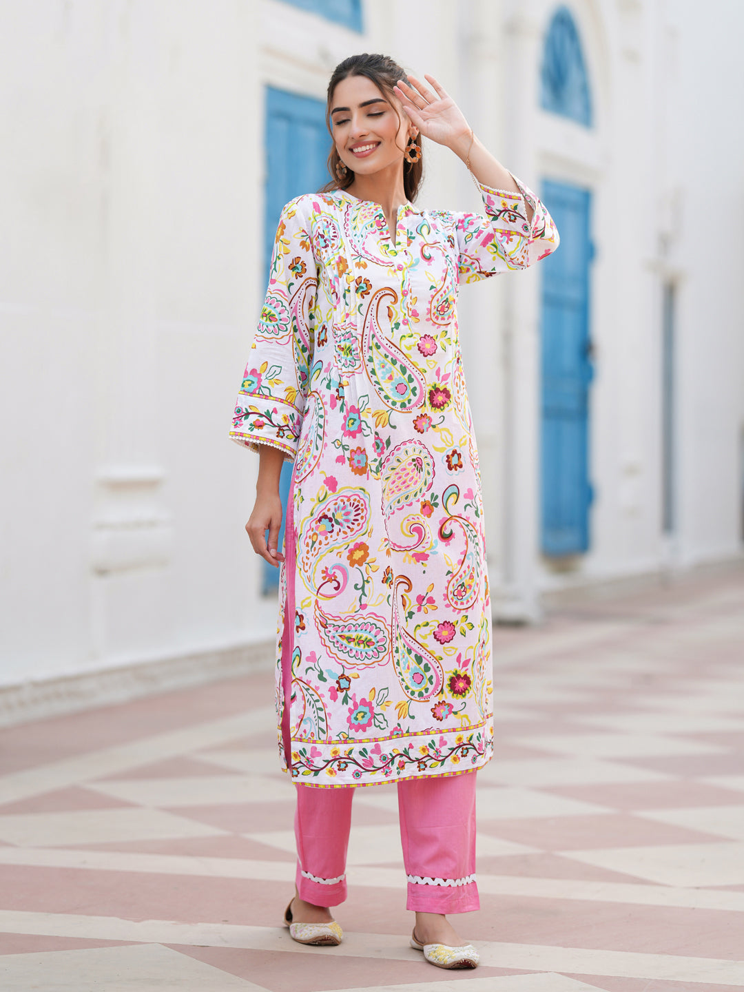 Paisley Printed Mandarin Collar Straight Cotton Kurta