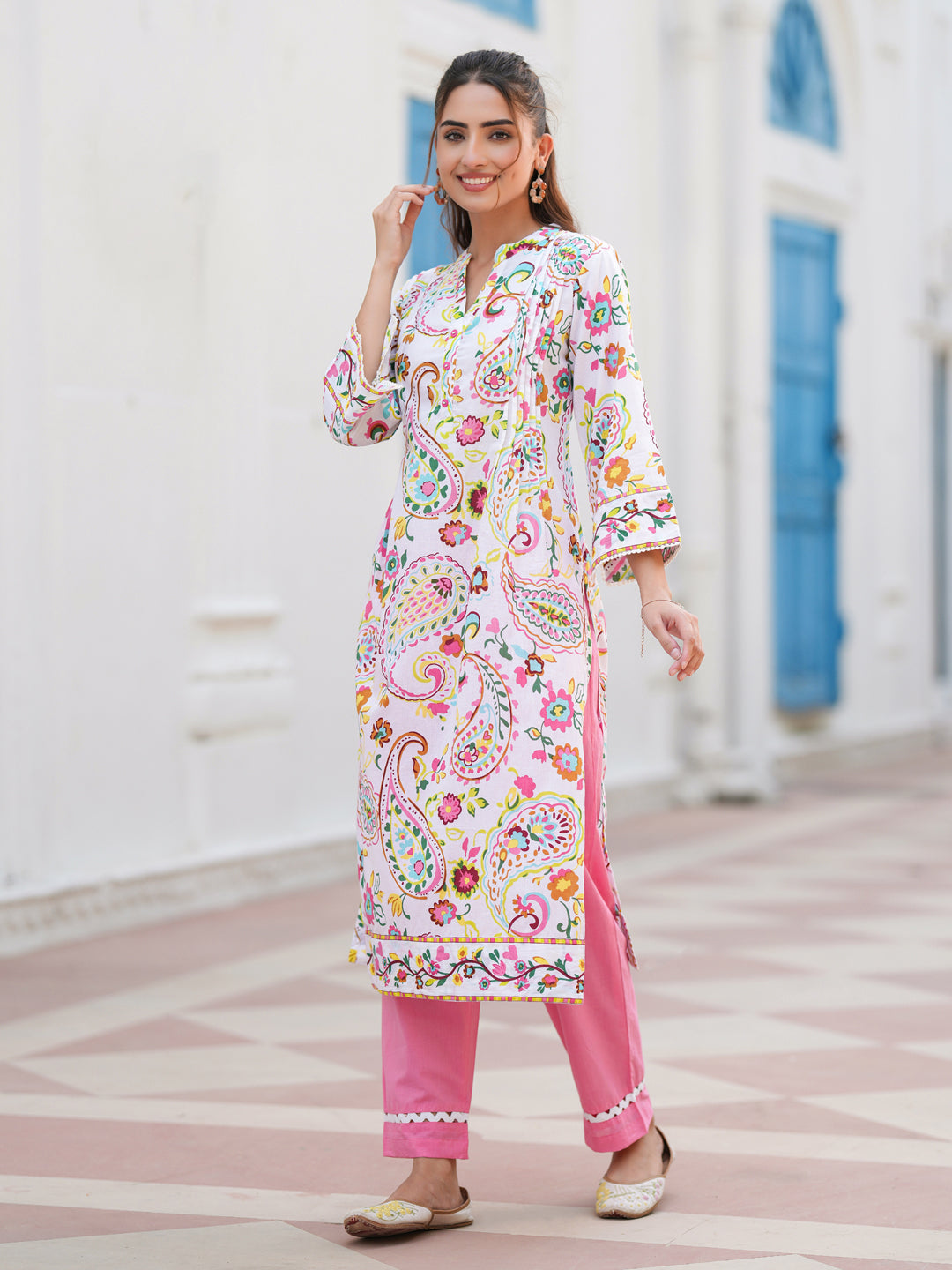 Paisley Printed Mandarin Collar Straight Cotton Kurta