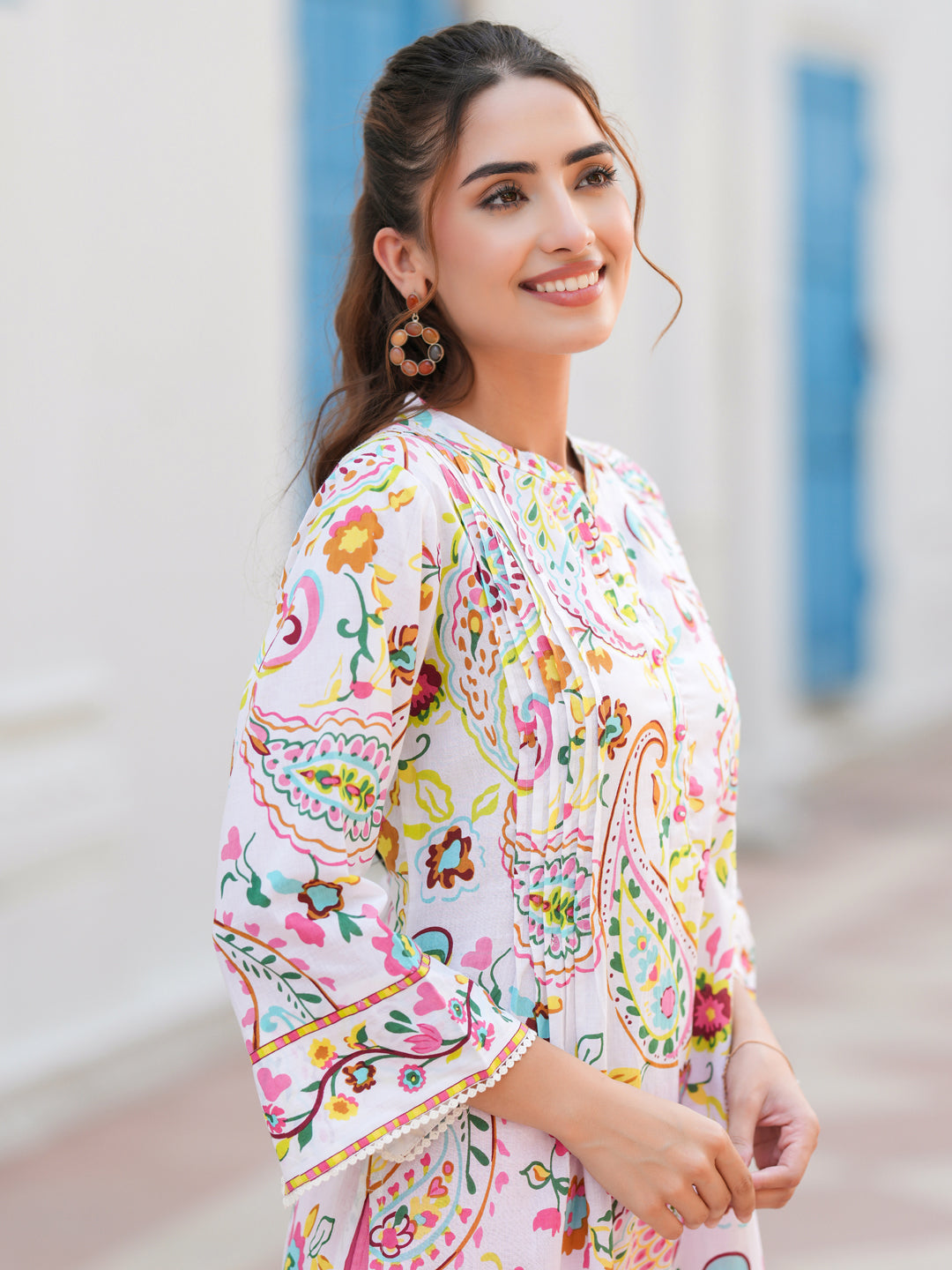 Paisley Printed Mandarin Collar Straight Cotton Kurta