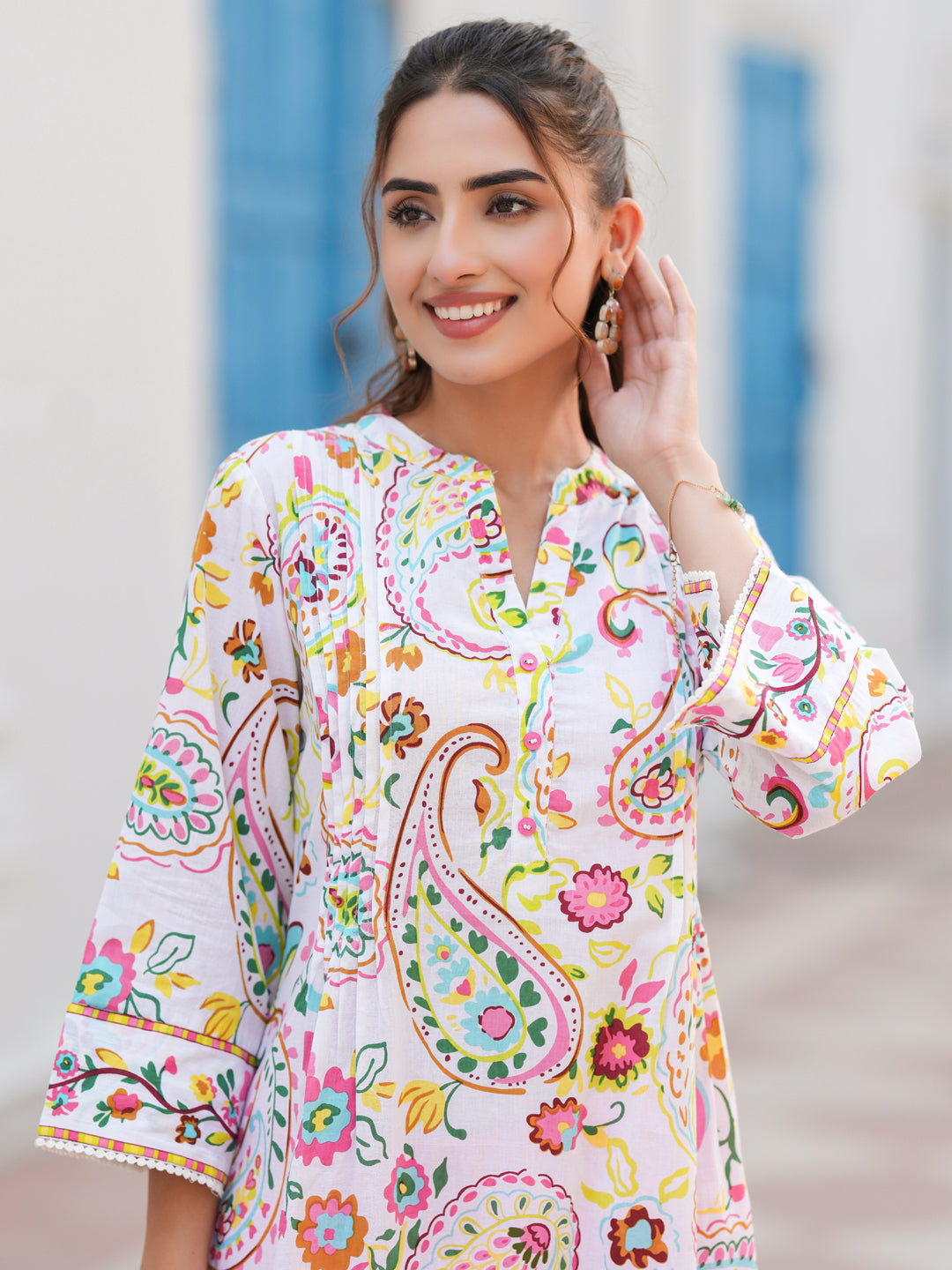 Paisley Printed Mandarin Collar Straight Cotton Kurta